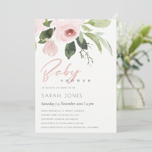 SUBTLE KLEURENWASSEN BLUSH PINK FLORAL BABY SHOWER KAART (Staand voorkant)