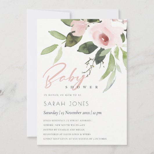 SUBTLE KLEURENWASSEN BLUSH PINK FLORAL BABY SHOWER KAART (Voorkant)
