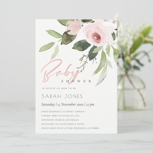 SUBTLE KLEURENWASSEN BLUSH PINK FLORAL BABY SHOWER KAART (Staand voorkant)