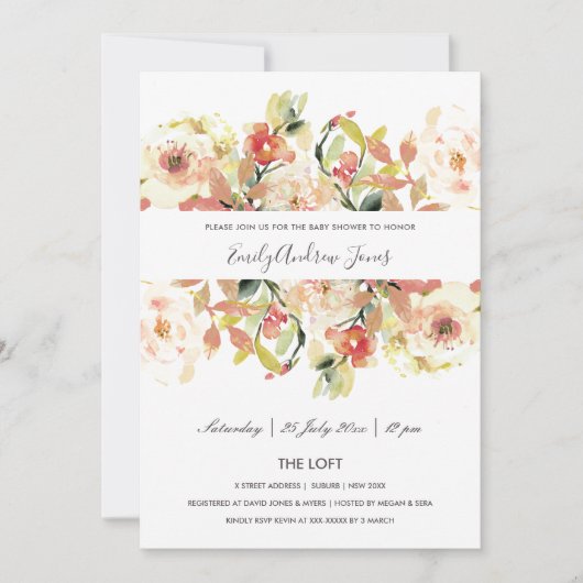 SUBTLE PEACH PINK WATERVERF FLORAL BABY SHOWER KAART (Voorkant)