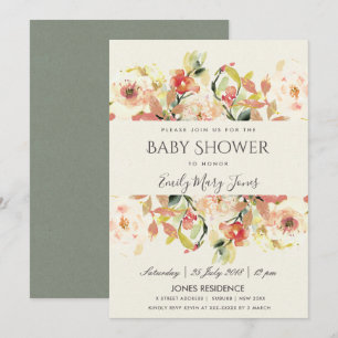 SUBTLE PEACH PINK WATERVERF FLORAL BABY SHOWER KAART