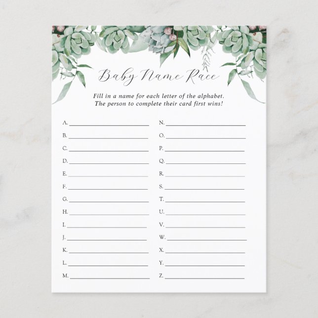 Succulent and Eucalyptus Greenery Baby Name Race (Voorkant)
