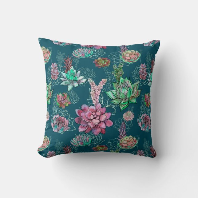 Succulent Blauwgroen Turquoise Pattern Kussen (Voorkant)