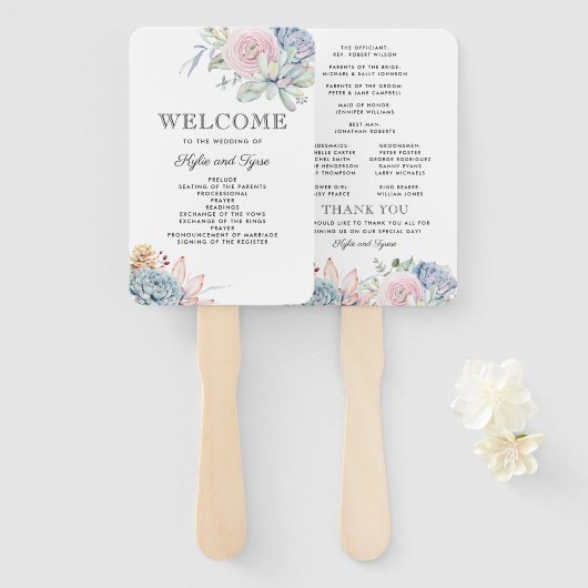Succulent Bloemen Bloem Vintage Trouwprogramma Handwaaier (Voorkant en achterkant)