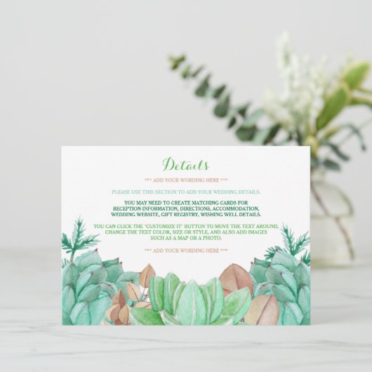Succulent Boeket Botanische Bloemen Bruiloft Detai Informatiekaartje (Staand voorkant)