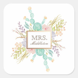 Succulent boeket Waterverf | Naam Vierkante Sticker