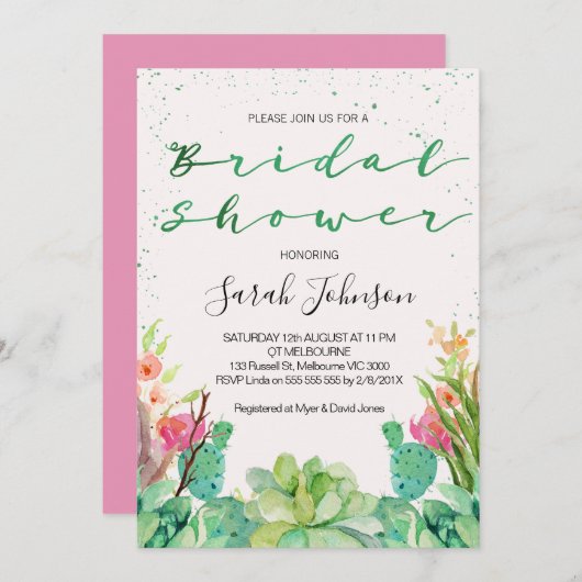 succulent cactus bridal douche - uitnodiging (Voorkant / Achterkant)