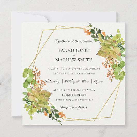 SUCCULENT CACTUS ORANJE FLORAL WATERVERF WEDING KAART (Voorkant)