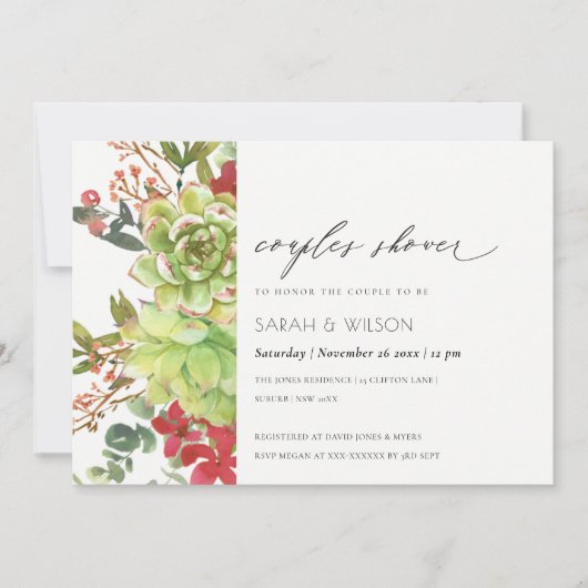 Succulent Cactus Red Floral Couples Shower Invite Bedankkaart (Voorkant)