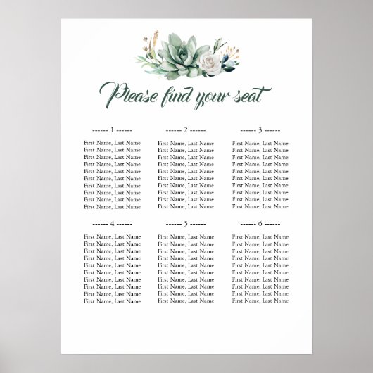 Succulent Elegant Wedding Seating Chart Poster (Voorkant)