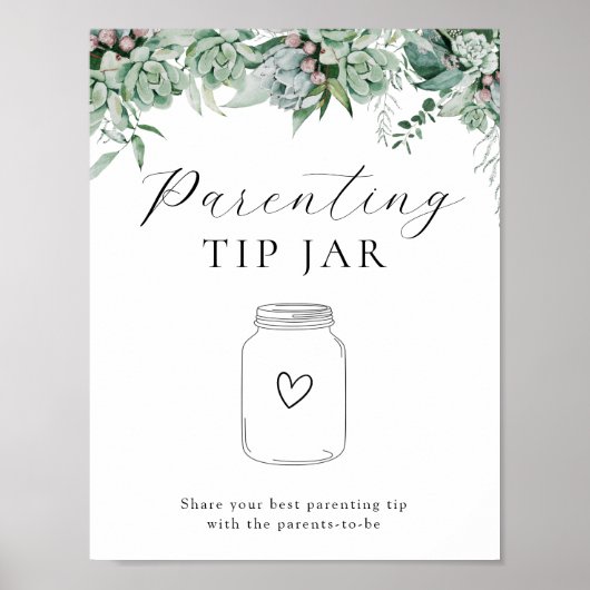 Succulent en Eucalyptus Ouderschap Tip Jar Poster (Voorkant)