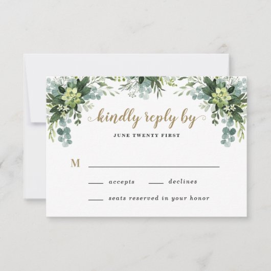 Succulent Eucalyptus Elegant Boho Greenery Wedding RSVP Kaartje (Voorkant)