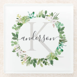 SUCCULENT EUCALYPTUS FOLIAGE WATERVERF MONOGRAM GLAZEN ONDERZETTER