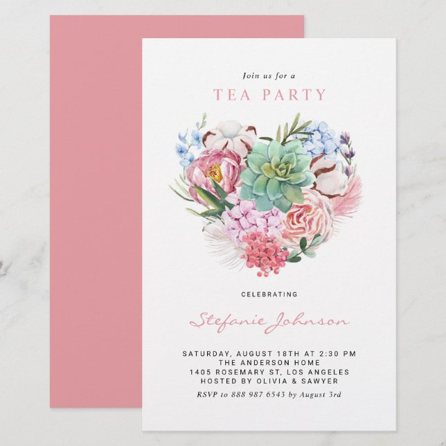 Succulent Floral Heart Tea Party Invitation (Voorkant / Achterkant)