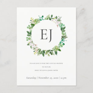 SUCCULENT FOLIAGE WREATH MONOGRAM COUPLY SHOWER UITNODIGING BRIEFKAART