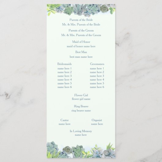 Succulent Garden Steel Blue Wedding Programme (Dos)