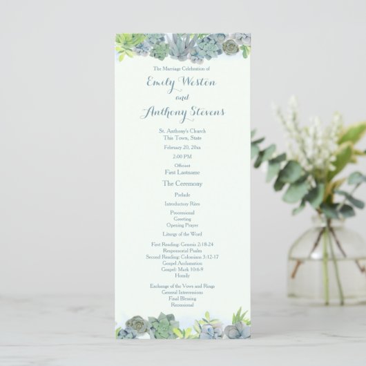Succulent Garden Steel Blue Wedding Programme (Debout devant)