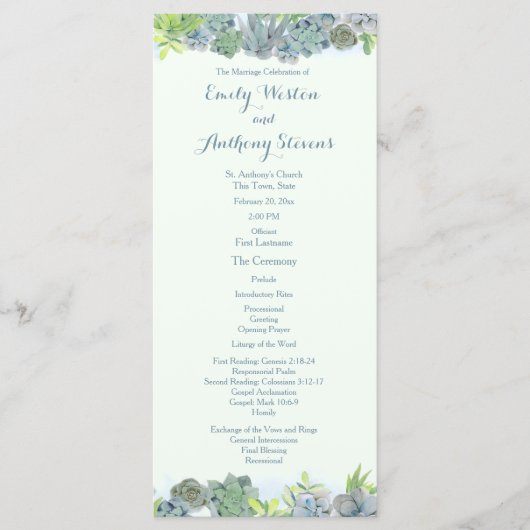 Succulent Garden Steel Blue Wedding Programme (Devant)
