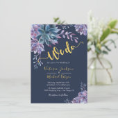 Succulent Gold Navy Aquarelle invitations mariage (Debout devant)