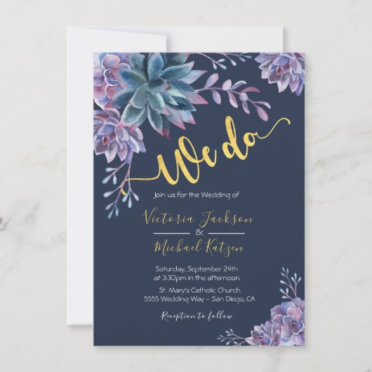 Succulent Gold Navy Aquarelle invitations mariage (Devant)