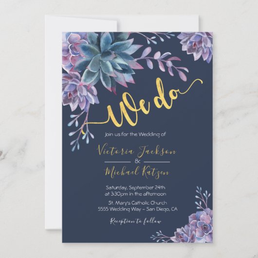 Succulent Gold Navy Aquarelle invitations mariage (Devant)