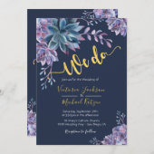 Succulent Gold Navy Aquarelle invitations mariage (Devant / Derrière)