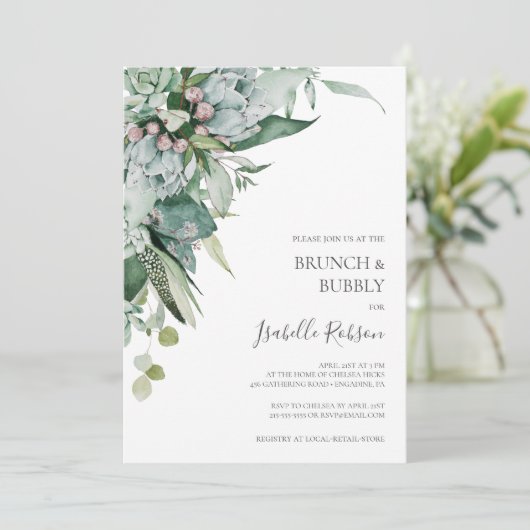 Succulent Greenery | Brunch en Bubble Shower Kaart (Staand voorkant)