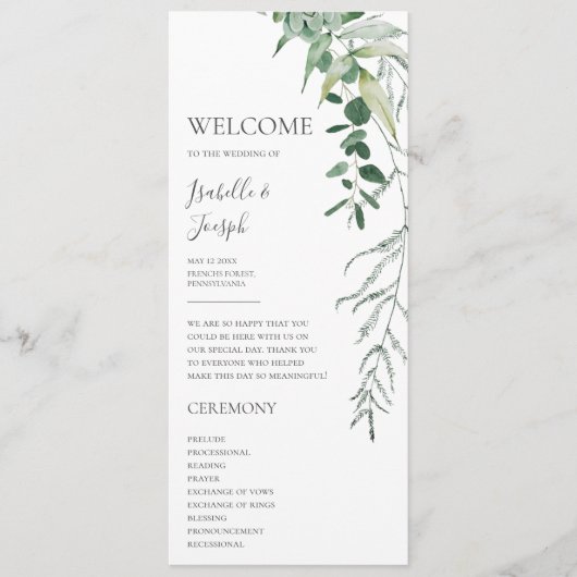 Succulent Greenery Dark Green Flat Wedding Program Programma (Voorkant)