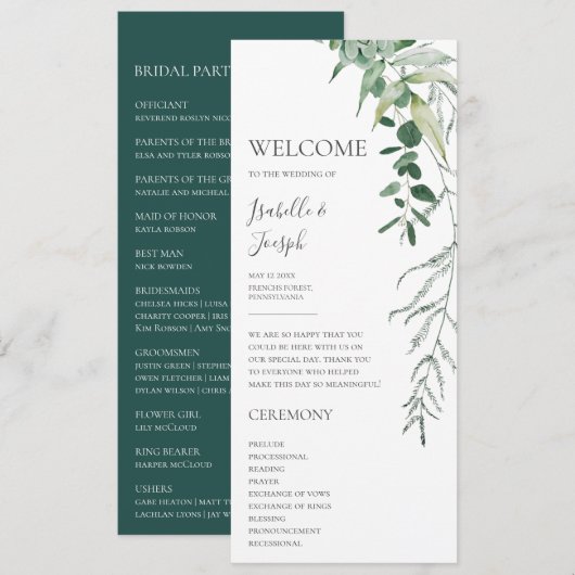 Succulent Greenery Dark Green Flat Wedding Program Programma (Voorkant / Achterkant)