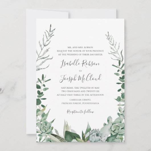 Succulent Greenery | Foto Monogram Weddenschap Kaart (Voorkant)