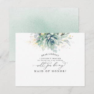 Succulent Greenery Gold Leaf Bridesmaid Voorstel Kaart