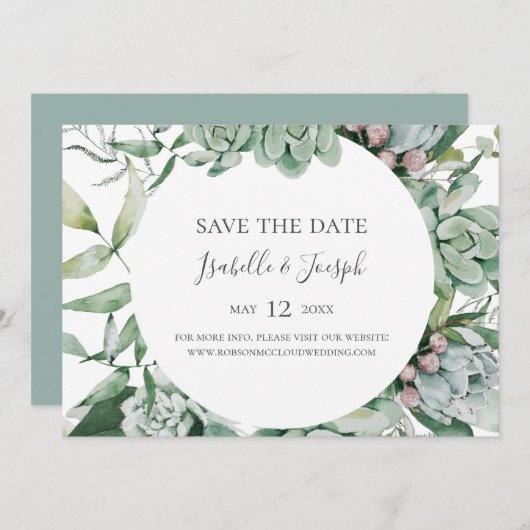 Succulent Greenery | Horizontaal plakken Datum ops Save The Date (Voorkant / Achterkant)