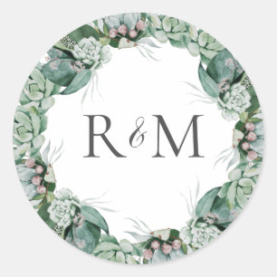 Succulent Greenery Monogram envelop Ronde Sticker