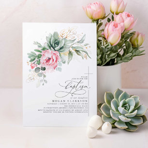 Succulent Greenery Pink Flowers Gold Baptisme Kaart