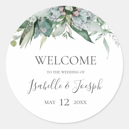 Succulent Greenery | Welkom bruiloft Ronde Sticker (Voorkant)