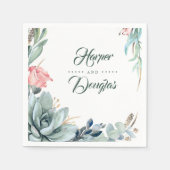 Succulent groen blad en roze rozenbloem servet (Voorkant)