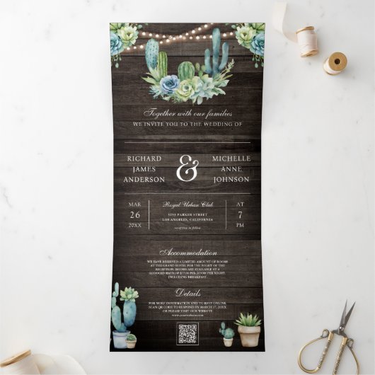 Succulent Groen Cactus Hout QR Code Huwelijk Drieluik Uitnodiging (Binnen)