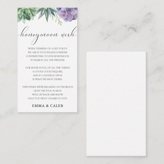 Succulent Honeymoon Wish Fund Enclosure Card Informatiekaartje (Voorkant / Achterkant)