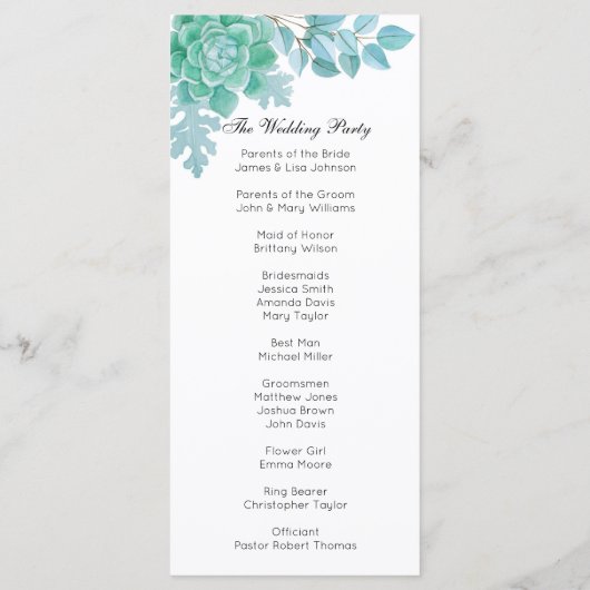 Succulent huwelijksprogramma. Munt cactus ceremoni Programma (Achterkant)