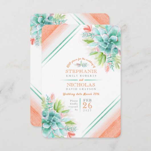 Succulent mariage vert orangé RSVP (Devant / Derrière)