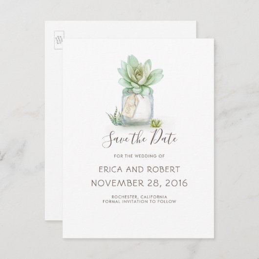 Succulent Mason Jar Rustic Save the Date Aankondigingskaart (Voorkant / Achterkant)