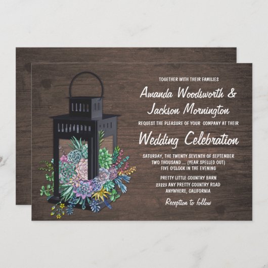 Succulent Rustique Lanterne de bois Invitations de (Devant / Derrière)