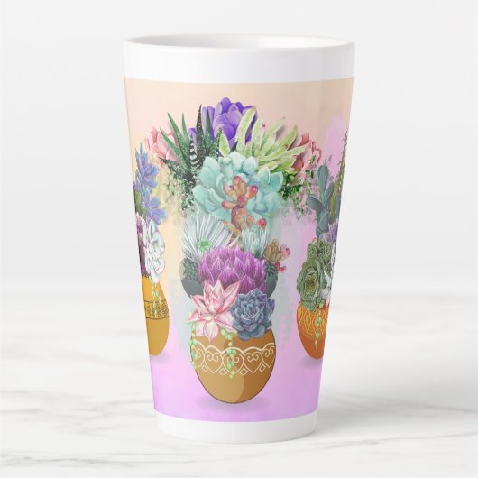 Succulent Trio op roze Mok met hoge latte (Voorkant)