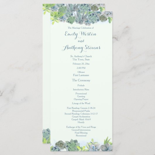 Succulent Tuin Staal Blauw Huwelijksprogramma Programma (Voorkant / Achterkant)