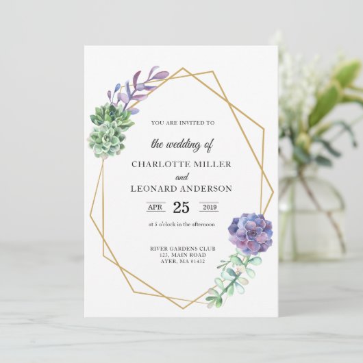 Succulent violet or faire-part de mariage élégant (Debout devant)