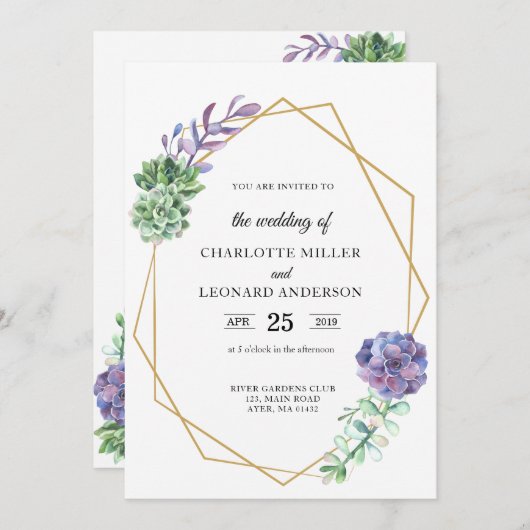 Succulent violet or faire-part de mariage élégant (Devant / Derrière)