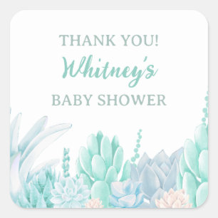 Succulent Waterverf Baby Boy Shower Dank je Vierkante Sticker