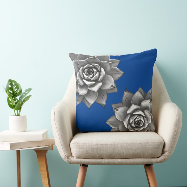 Succulent Waterverf Grijs op Blauw Kussen (Stoel)