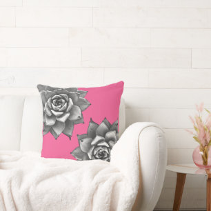 Succulent Waterverf Grijs op Hot Pink Kussen