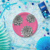 Succulent Waterverf Grijs op Hot Pink Papieren Bordje (Feest)